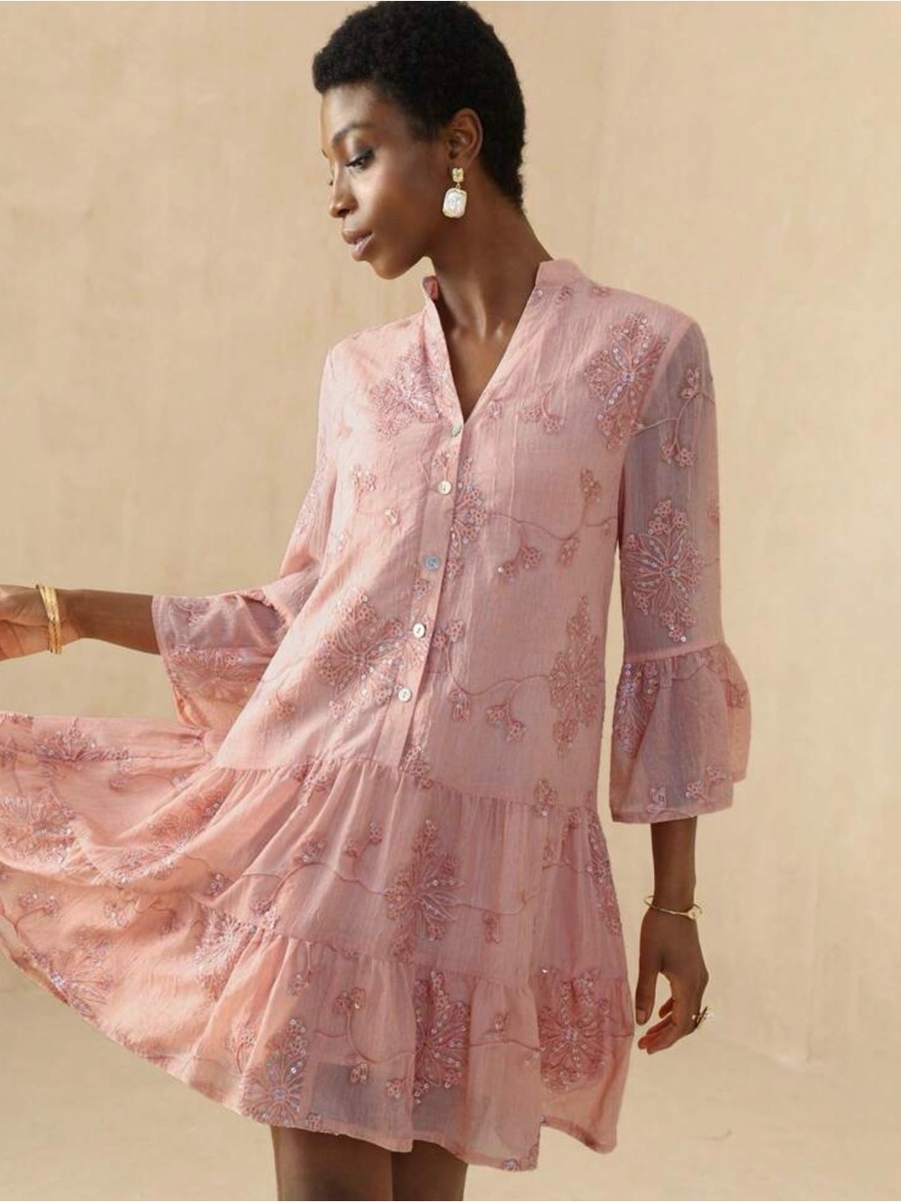 Women’s Long Sleeve Pink Embroidered Tiered Dress Size S